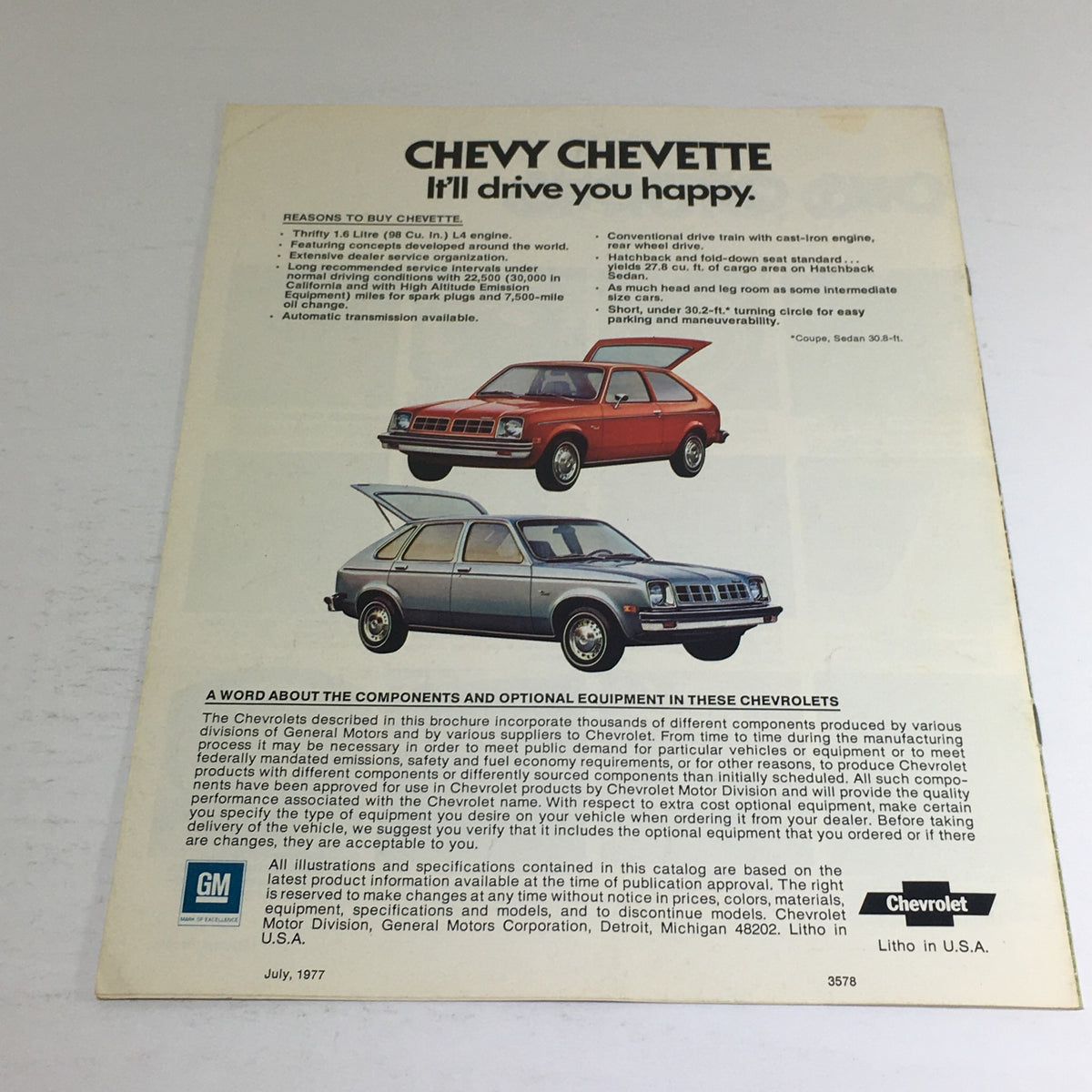 1978 Chevy Chevette Sedan by Chevrolet Dealership Car Auto Brochure Catalog, showcasing the engine specifications and design options of the Chevette.