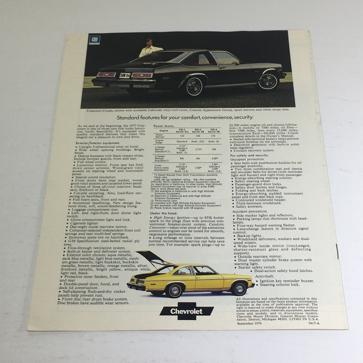 Back cover of the 1977 Concours by Chevrolet Specifications Dealership Car Auto Brochure Catalog detailing comfort and security features with images of the car.