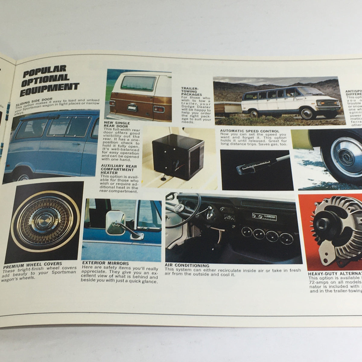 Interior page of the 1975 Dodge Sportsman Wagons Optional Equipment Car Auto Brochure Catalog showcasing popular optional equipment features, including images of accessories like exterior mirrors, air conditioning, and automatic speed control.