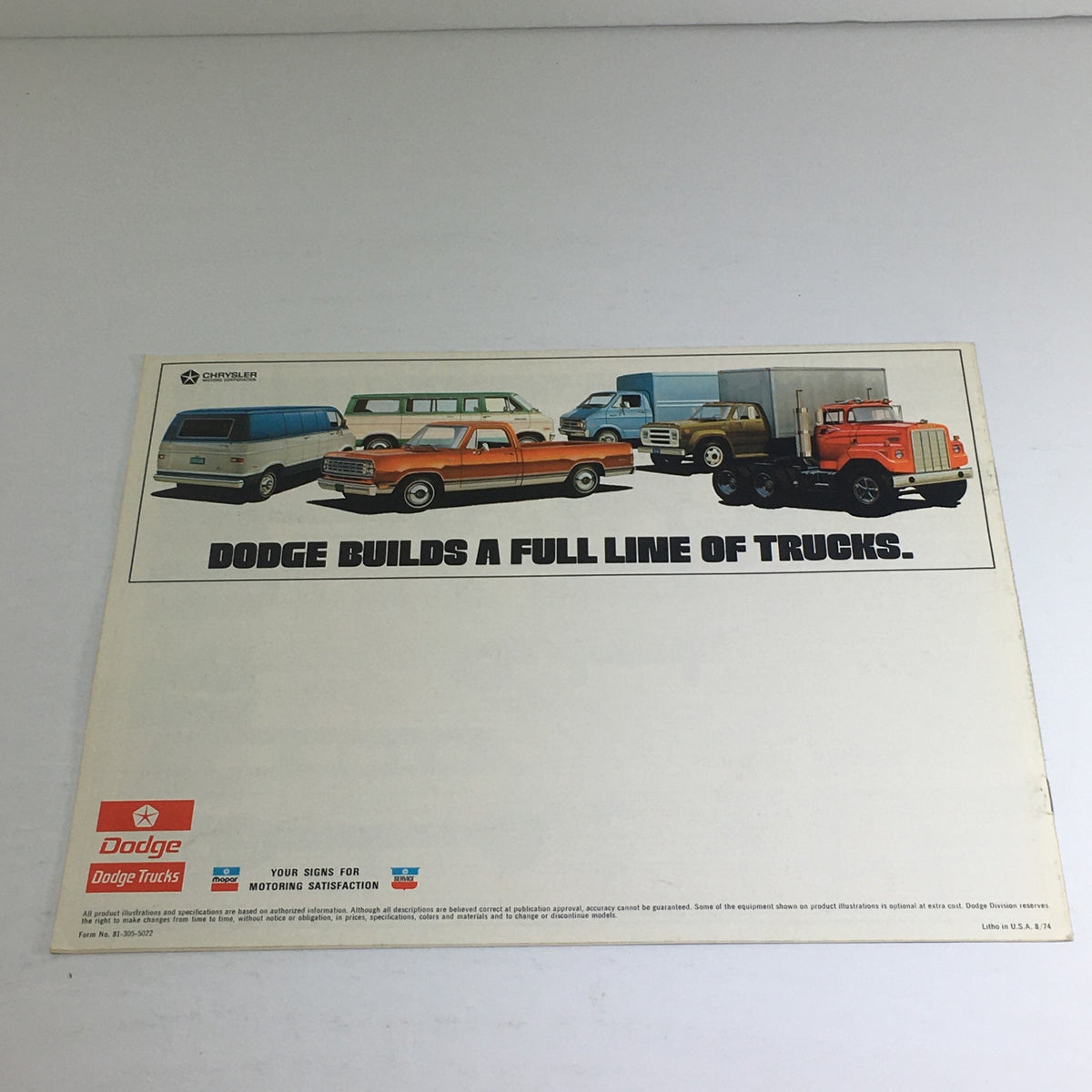 1975 Dodge Sportsman Wagons Optional Equipment Car Auto Brochure Catalog showcasing various Dodge vehicles including vans and trucks, emphasizing the slogan 'Dodge Builds a Full Line of Trucks'.