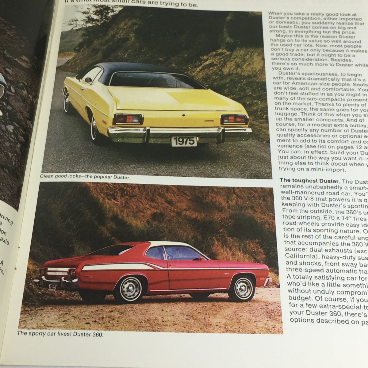 1975 Plymouth Duster Valiant Features Dealership Car Auto Brochure Catalog featuring two distinct Plymouth Duster models: a sporty red Duster 360 and a classic yellow model, both highlighting their unique designs.