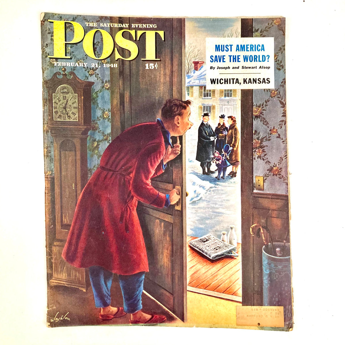 Illustrated cover of Saturday Evening Post Magazine from February 21, 1948, featuring artwork by Constantin Alajalov, depicting a man in a robe looking out of a snow-laden doorway.