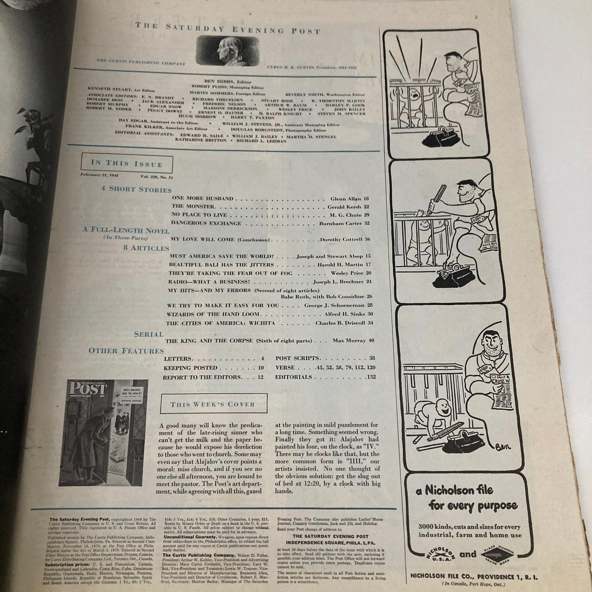Inside page of Saturday Evening Post Magazine from February 21, 1948, showcasing the table of contents and features for this vintage edition.