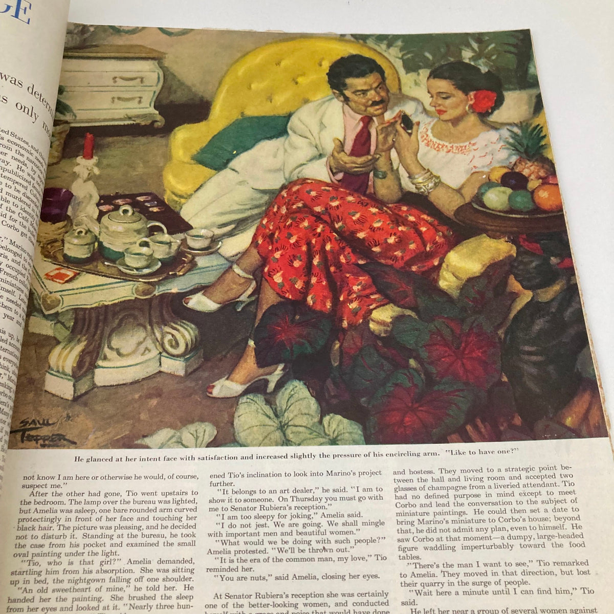 Saturday Evening Post Magazine February 21 1948 Cover with an artistic scene of a romantic couple conversing in an elegant living room, reflecting the charm of the 1940s.