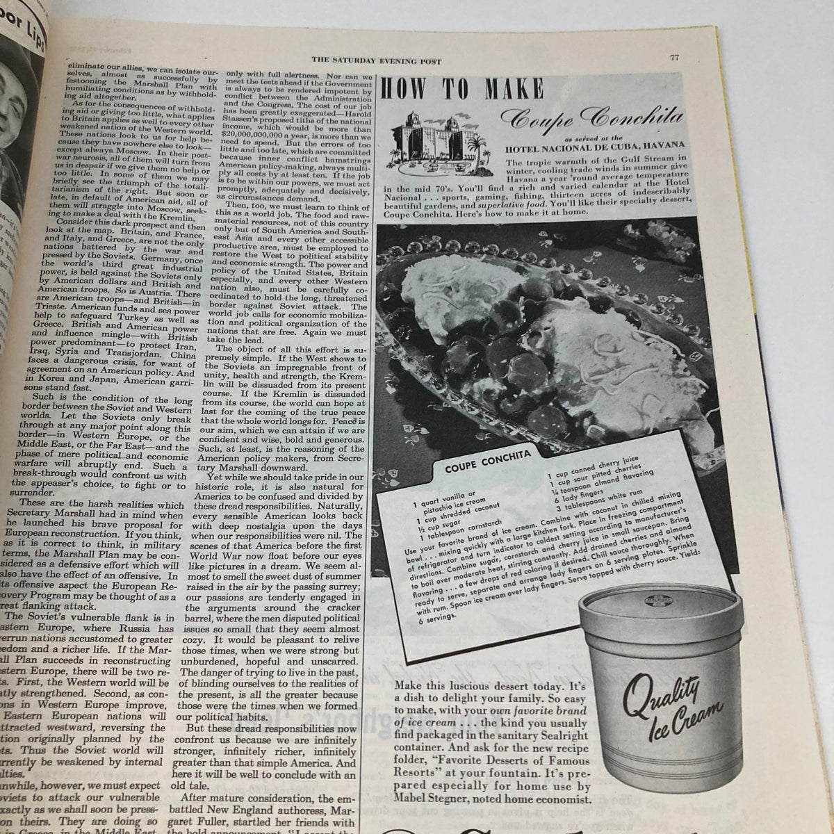 Saturday Evening Post Magazine February 21 1948 featuring a recipe section with detailed instructions on making Coupe Conchita, encapsulating the culinary trends of the era.