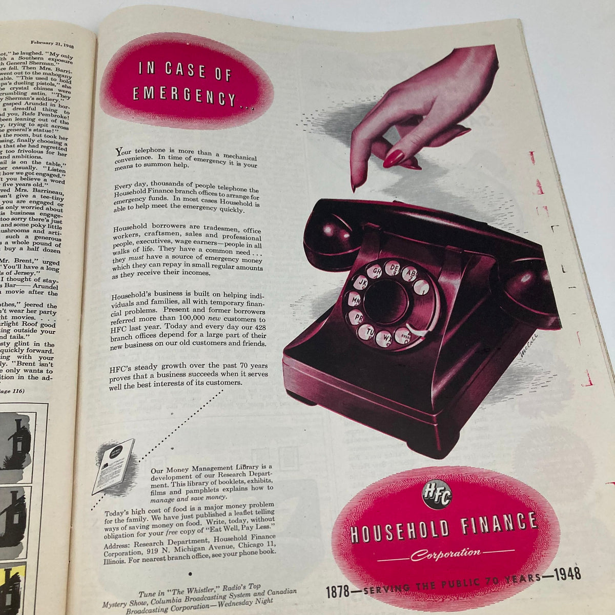 Saturday Evening Post Magazine February 21 1948 page showcasing an advertisement for Household Finance, emphasizing the importance of telephone services in emergencies.