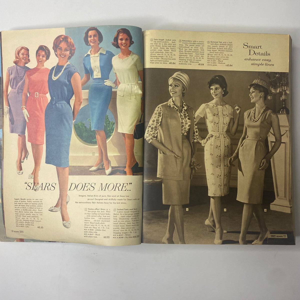 Interior page of the 1961 Sears Roebuck and Co. Spring and Summer Catalog featuring a variety of elegant dresses with a tagline promoting timeless styles, capturing the essence of the 1960s.