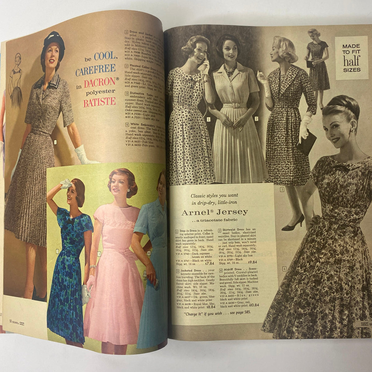 Interior page of the 1961 Sears Roebuck and Co. Spring and Summer Catalog highlighting casual and dressy dresses, showcasing classic fashion designs made from innovative fabrics.
