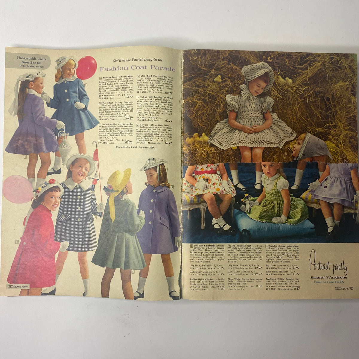 1961 Sears Roebuck and Co. Spring and Summer Catalog showing children's fashion coats and dresses in various styles, featuring a depiction of models wearing cute outfits against a playful backdrop.