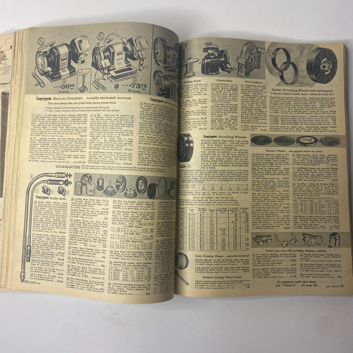 1961 Sears Roebuck and Co. Spring and Summer Catalog featuring electric grinders, polishing tools, and grinding wheels with product descriptions and prices.