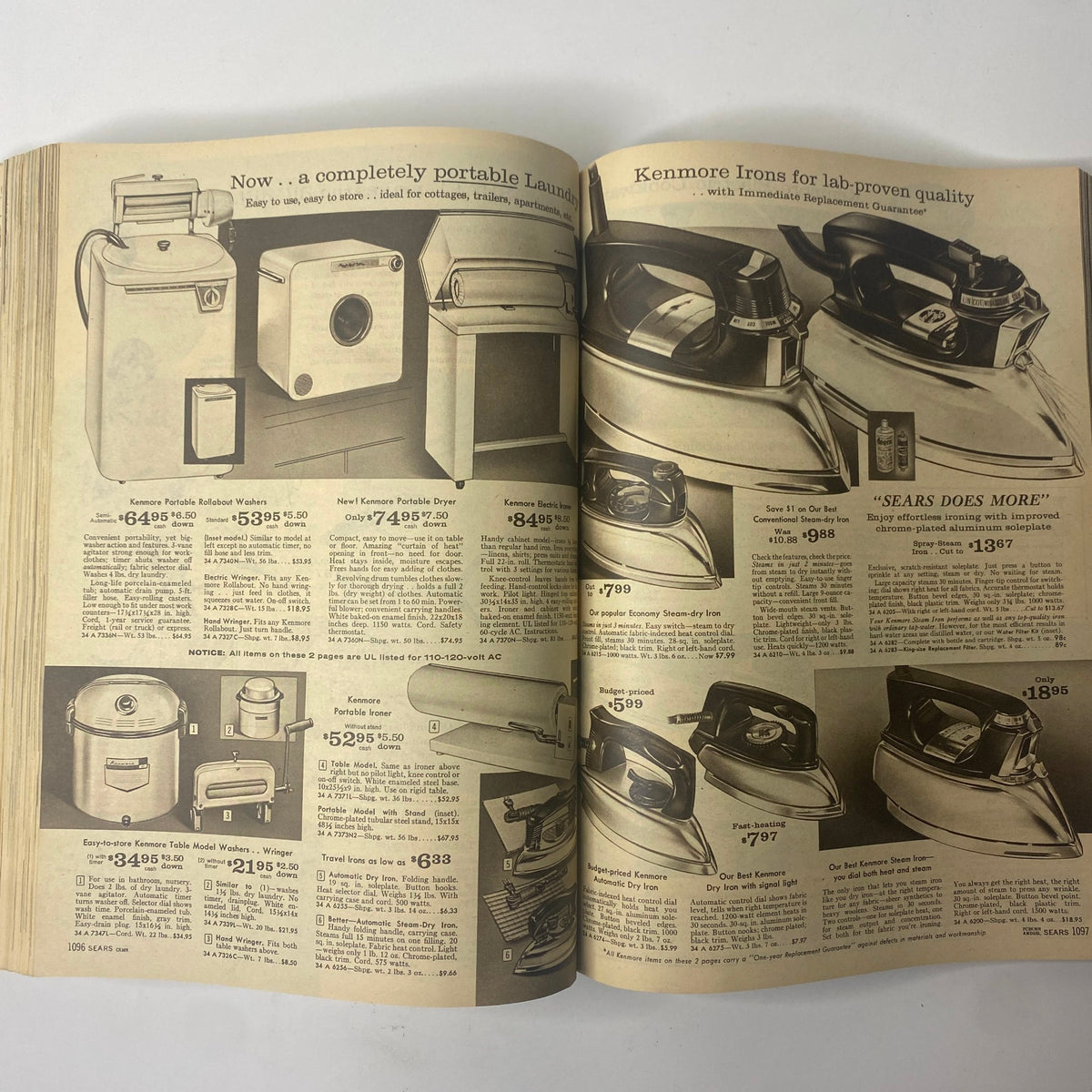 1961 Sears Roebuck and Co. Spring and Summer Catalog showcasing portable laundry appliances including Kenmore washers and dryers, with detailed pricing.