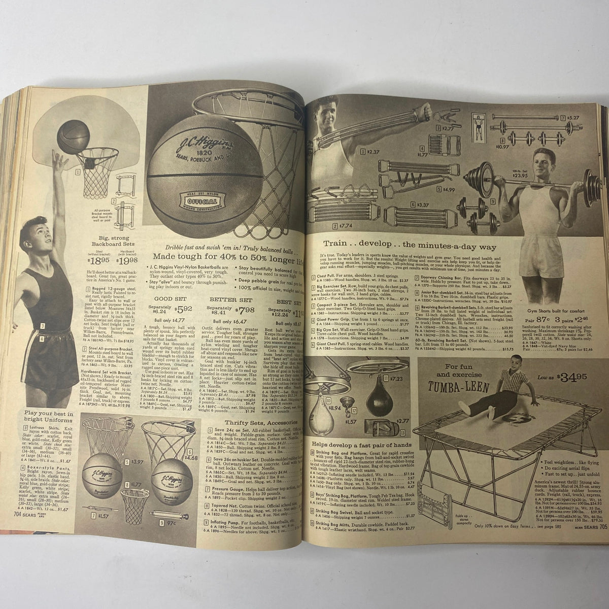 1961 Sears Roebuck and Co. Spring and Summer Catalog illustrating sports equipment like basketballs and fitness training gear, including product details.