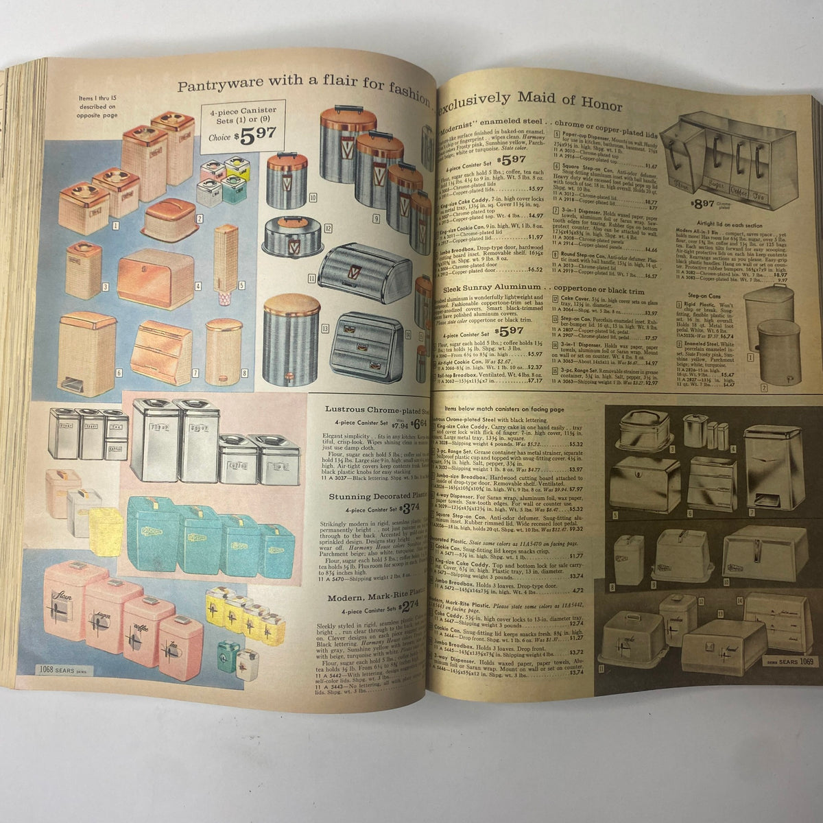 Image from the 1961 Sears Roebuck and Co. Spring and Summer Catalog showcasing stylish pantryware including canister sets and storage solutions.