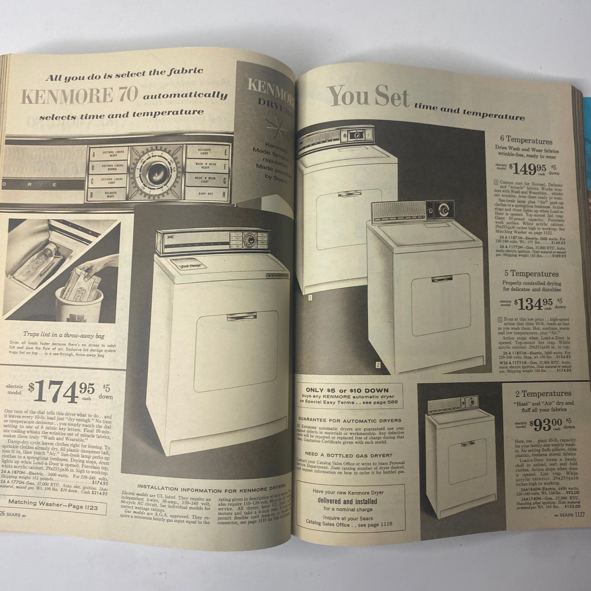 Page from the 1961 Sears Roebuck and Co. Spring and Summer Catalog featuring Kenmore 70 automatic washing machines and dryers with detailed specifications.