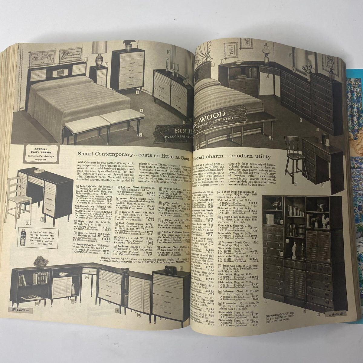 Furniture section of the 1961 Sears Roebuck and Co. Spring and Summer Catalog displaying contemporary bedroom and storage furniture including dressers and beds.