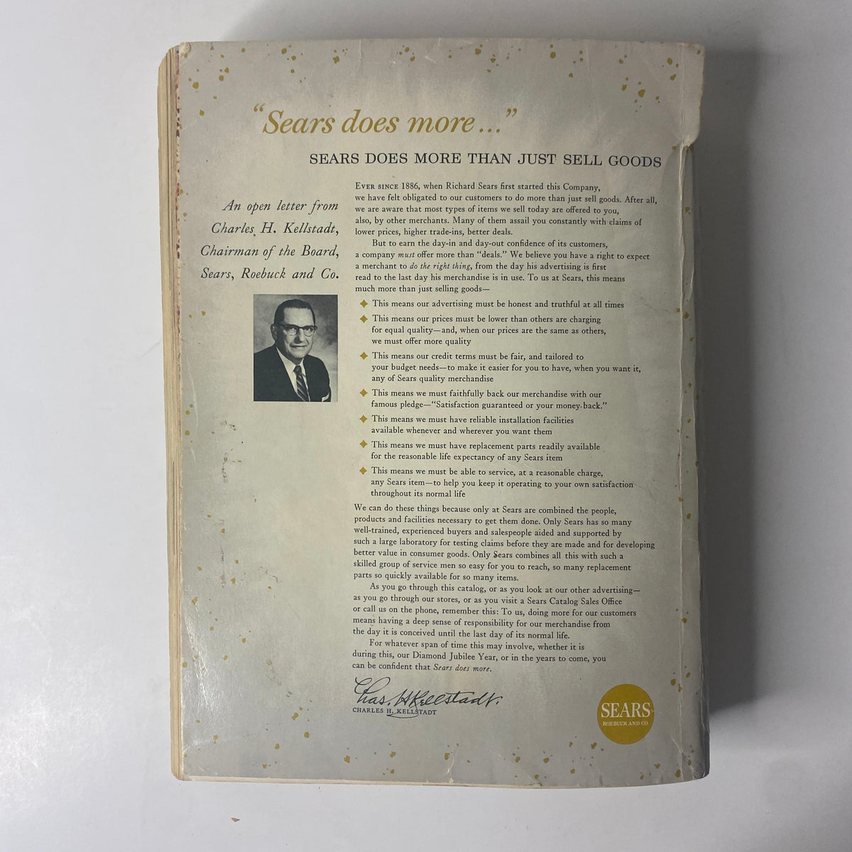 Back cover of the 1961 Sears Roebuck and Co. Spring and Summer Catalog, featuring an open letter from Charles H. Kellstadt, Chairman of the Board, discussing the company's commitment to customer satisfaction and quality service.