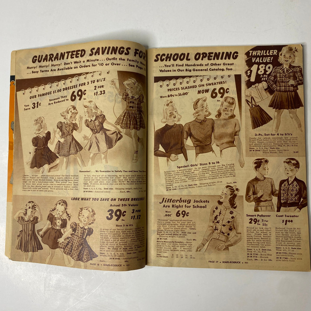 1940 Sears Roebuck and Co. Back-To-School & Harvest Time Festival Catalog - Pages featuring guaranteed savings for school opening including children's clothing, sweaters, and jackets.