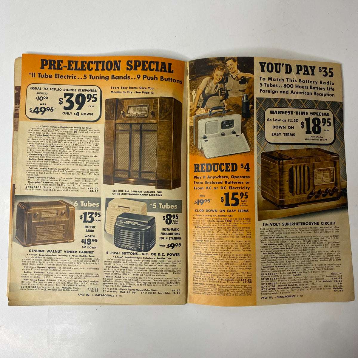 Interior view of the 1940 Sears Roebuck and Co. Back-To-School & Harvest Time Festival Catalog showcasing various radio advertisements with pricing details.