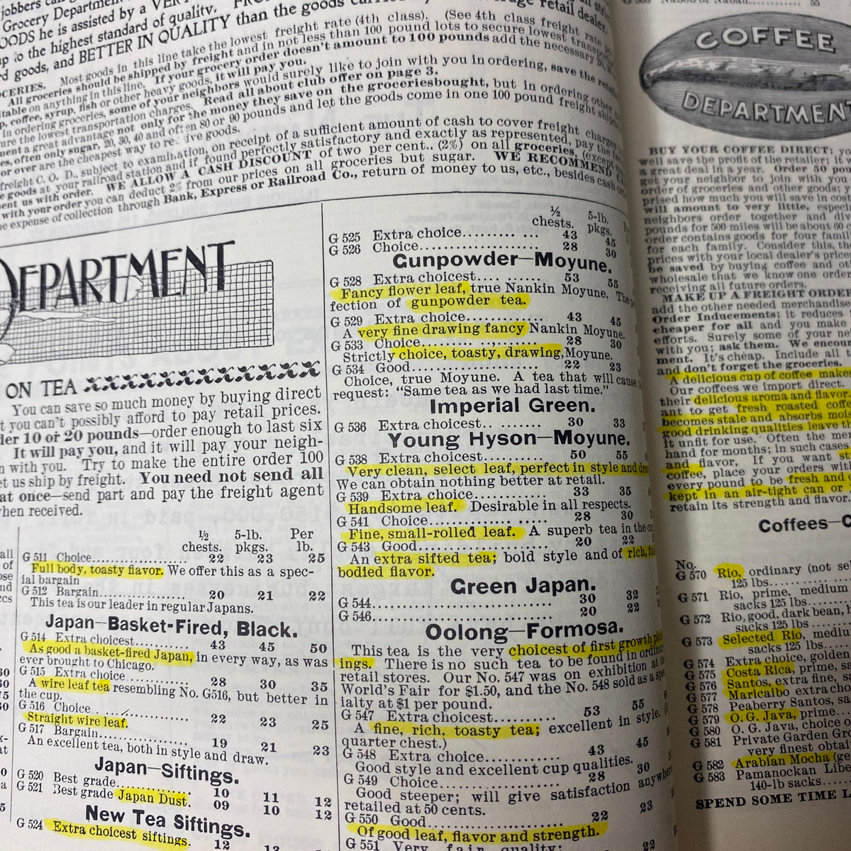 Detailed page from the 1897 Sears Roebuck Consumers Guide Catalog displaying product listings with highlighted prices and descriptions.