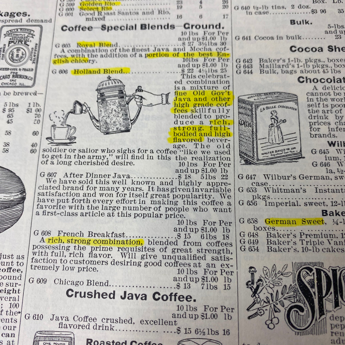 Detailed page from the 1897 Sears Roebuck Consumers Guide Hardcover Catalog showcasing advertisements for various coffee blends including Holland Blend and German Sweet.