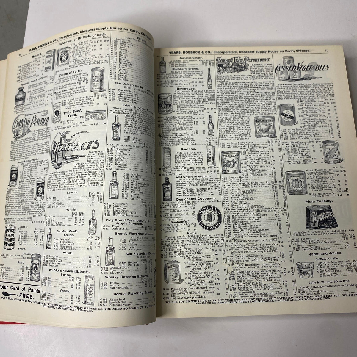 Open section of the 1897 Sears Roebuck Consumers Guide Hardcover Catalog displaying a range of grocery items and extracts with pricing.