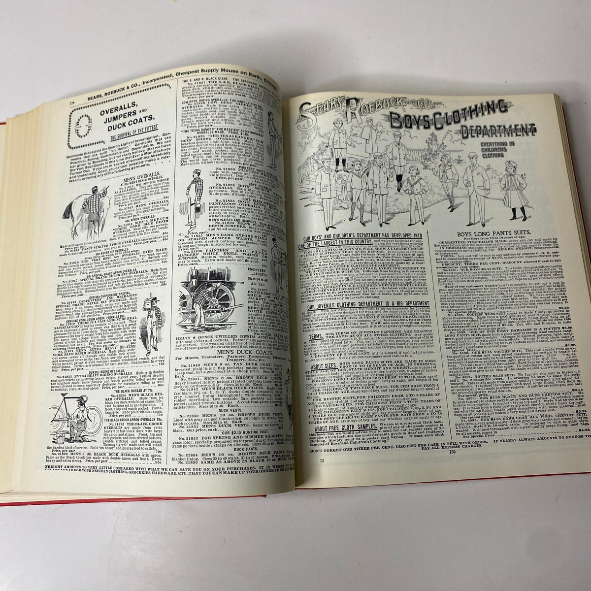 Page spread from the 1897 Sears Roebuck Consumers Guide Hardcover Catalog featuring information on men's and boys' clothing including overalls and coats.