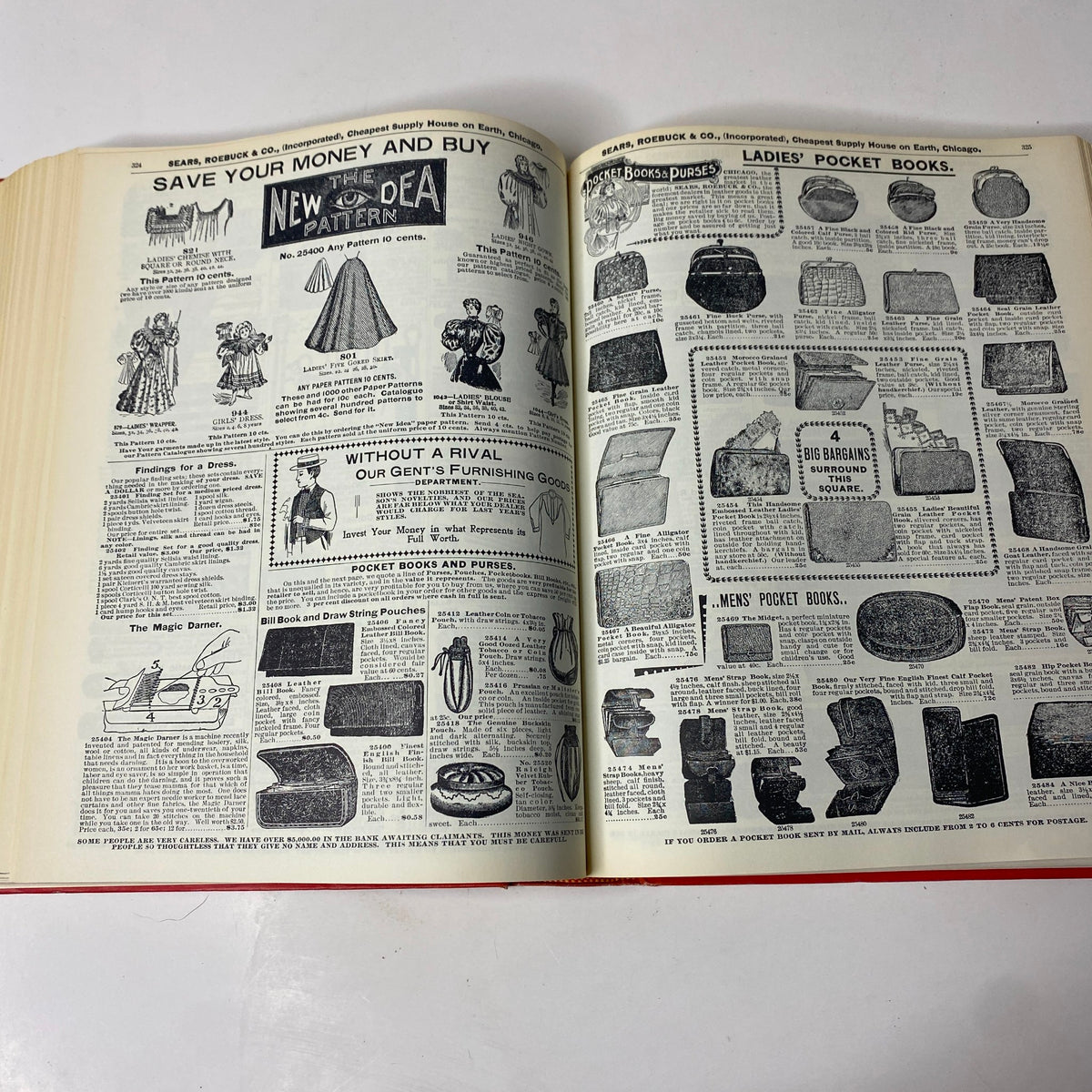 1897 Sears Roebuck Consumers Guide Hardcover Catalog featuring advertisements for ladies' pocket books and various products, showcasing early 20th-century shopping culture.