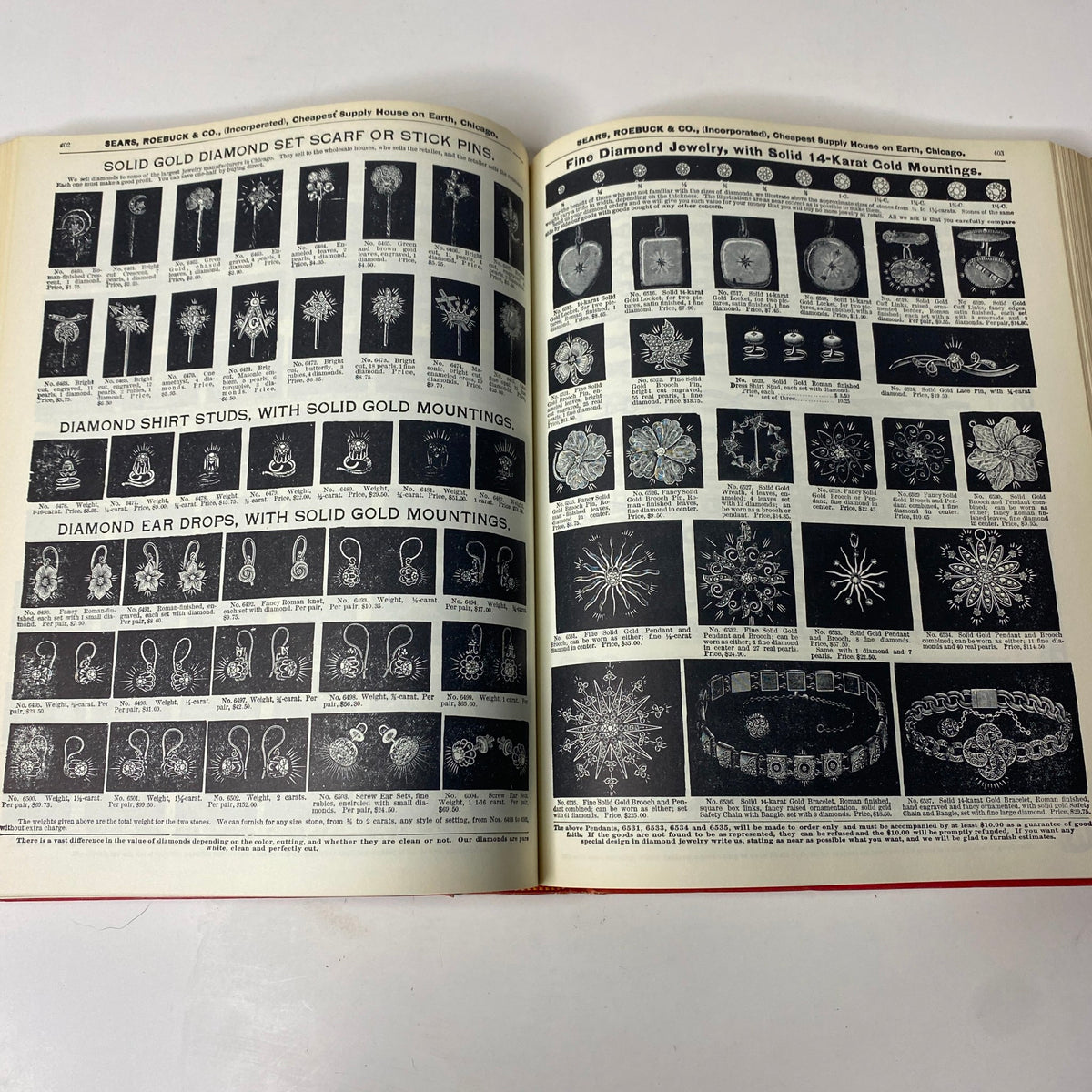 1897 Sears Roebuck Consumers Guide Hardcover Catalog displaying elegant jewelry options, including diamond shirt studs and solid gold accessories, reflecting the fashion standards of the time.
