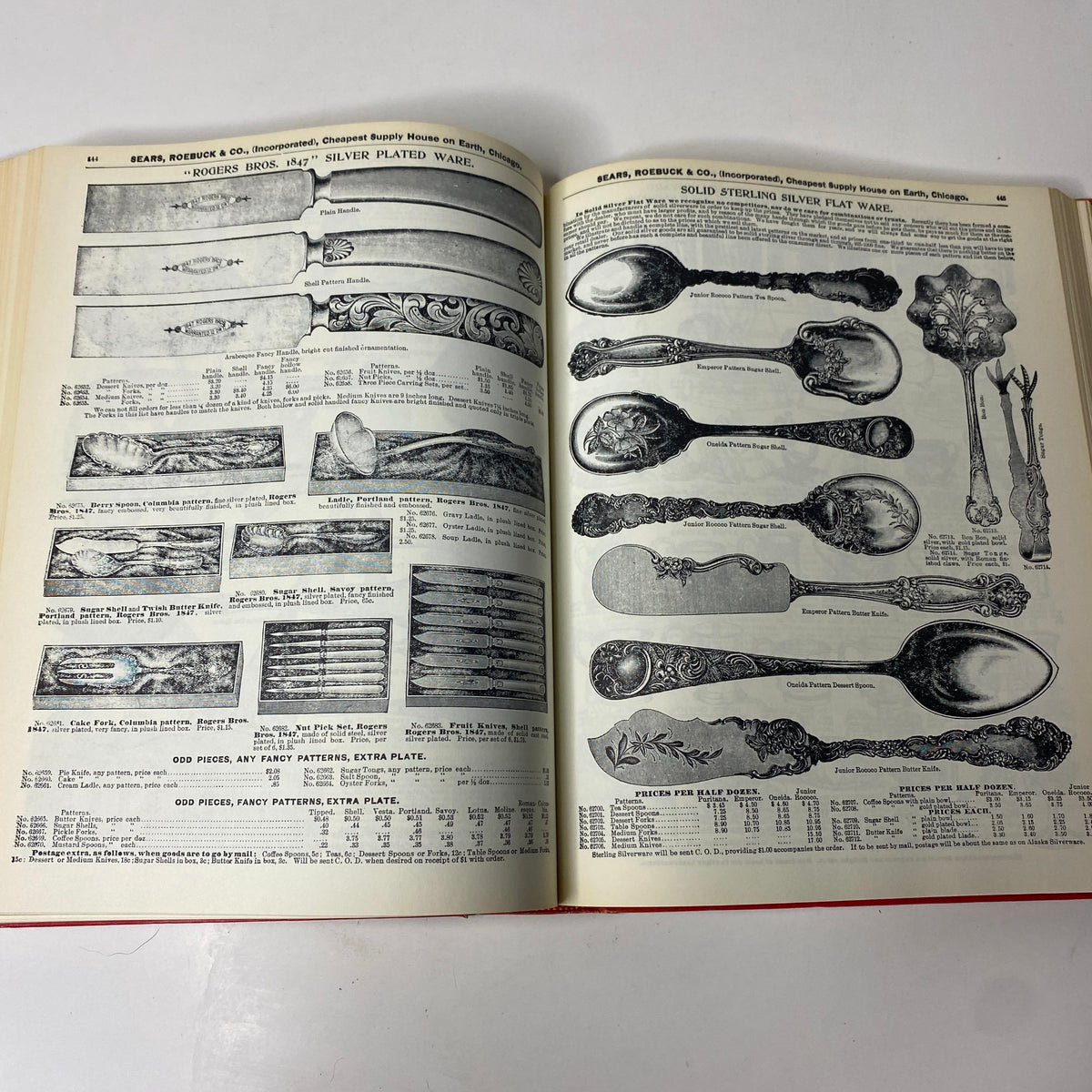 1897 Sears Roebuck Consumers Guide Hardcover Catalog illustrating silver plated ware, showcasing a variety of elegant flatware designs from the late 1800s.