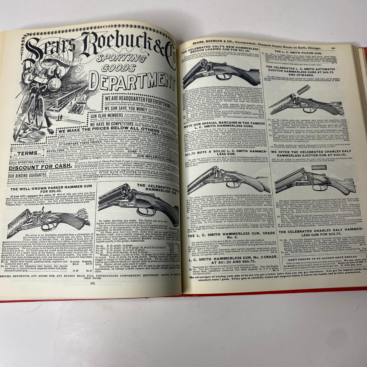 1897 Sears Roebuck Consumers Guide Hardcover Catalog featuring the sporting goods department, highlighting various firearms and outdoor equipment available at the turn of the century.