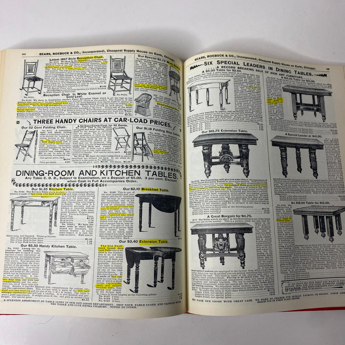 1897 Sears Roebuck Consumers Guide Hardcover Catalog displaying dining room and kitchen tables, presenting stylish options for early American homes.