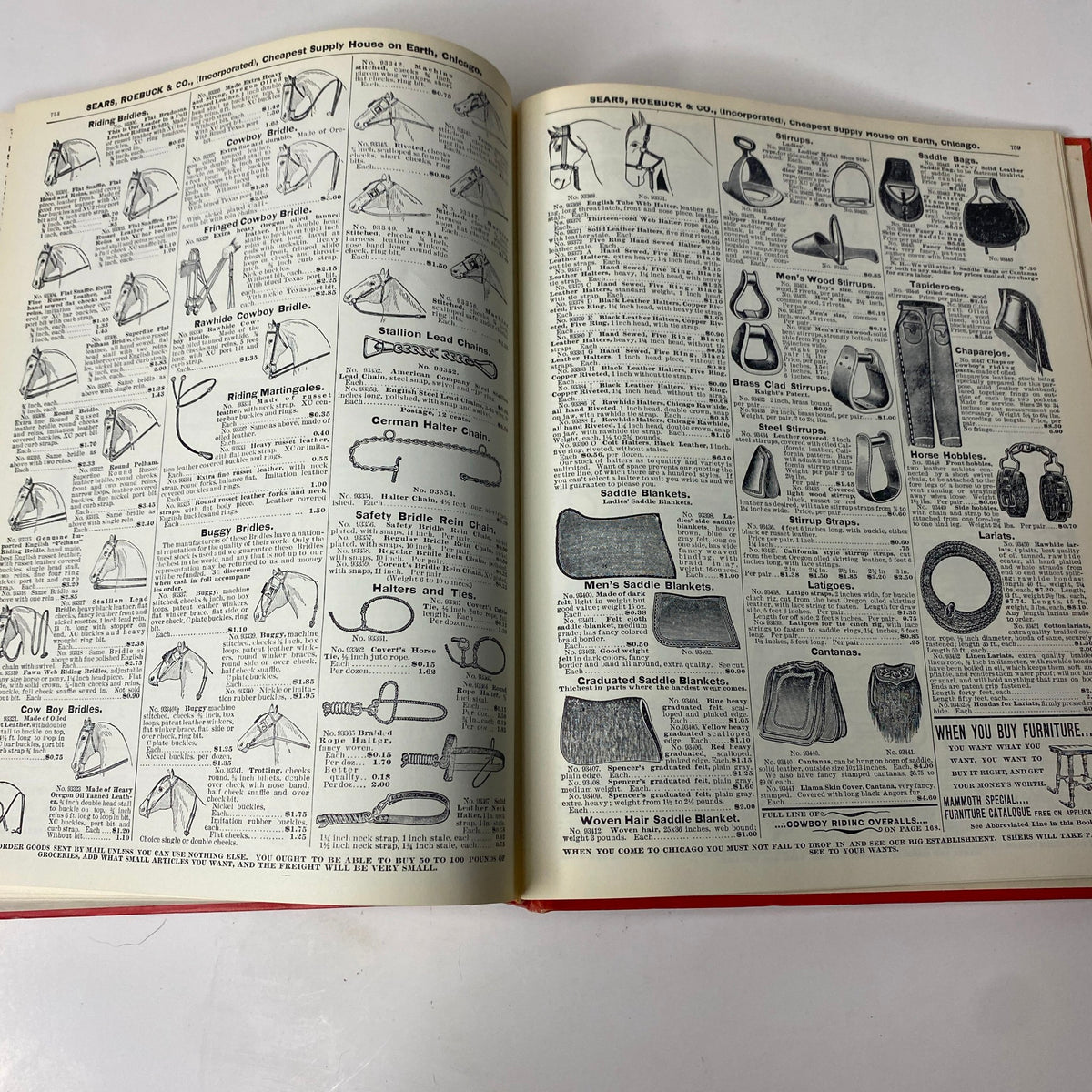Interior spread of the 1897 Sears Roebuck Consumers Guide Hardcover Catalog showcasing a variety of horse harnesses and saddlery accessories.