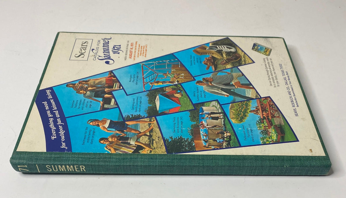 Side view of the 1971 Sears Summer Hardcover Catalog revealing its spine and providing a glimpse of the catalog's design elements and vintage aesthetic.