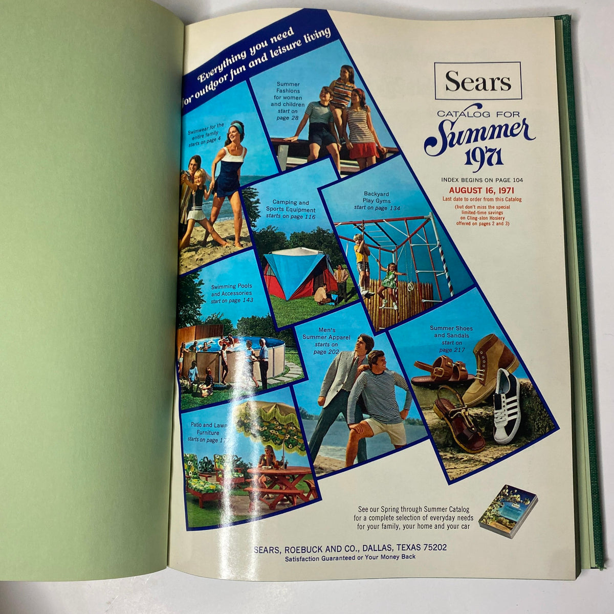 Inside spread of the 1971 Sears Summer Hardcover Catalog featuring the index page with colorful illustrations primarily focused on summer activities and products.