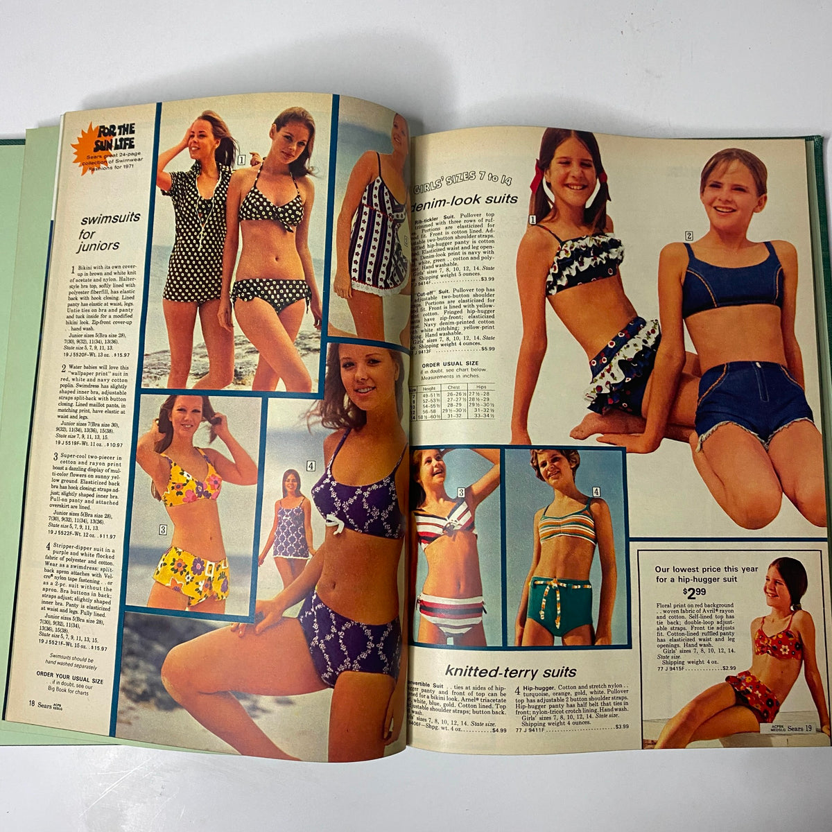 Interior view of the 1971 Sears Summer Hardcover Catalog highlighting swimsuit styles for juniors, showcasing a variety of vintage swimwear images from the 1970s.
