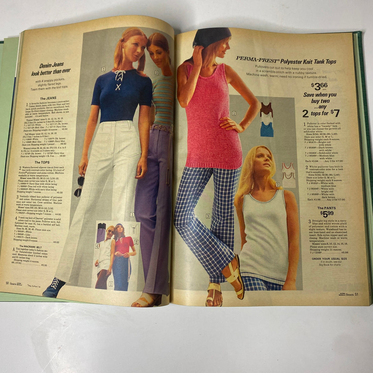 1971 Sears Summer Hardcover Catalog highlighting women's tank tops and denim jeans, with models demonstrating trendy casual summer styles.