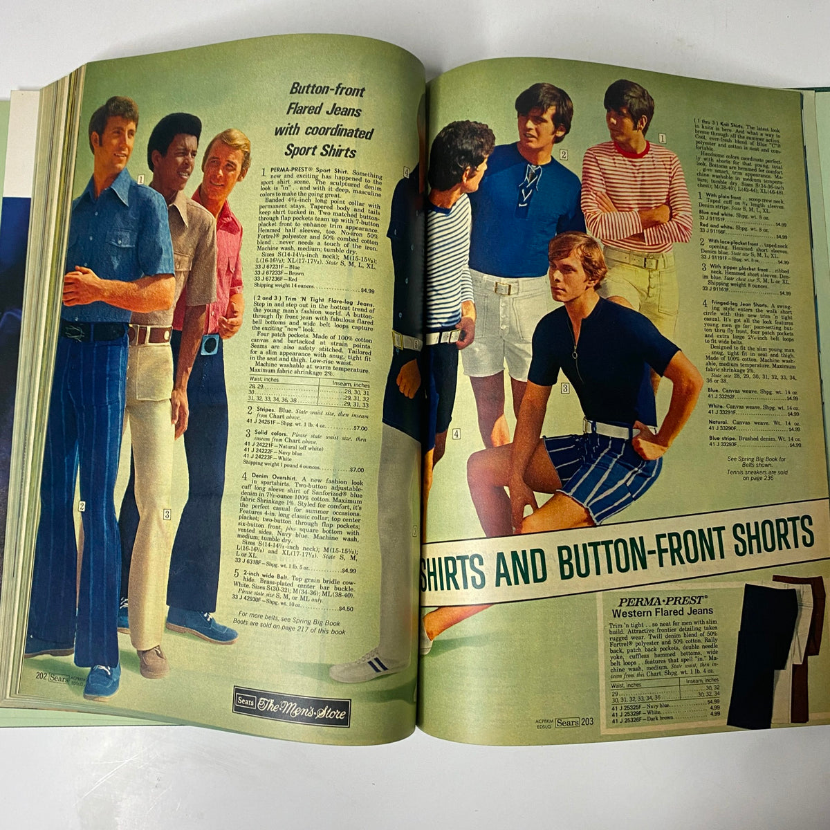 1971 Sears Summer Hardcover Catalog featuring stylish button-front flared jeans and coordinated sport shirts for men, showcasing 1970s fashion.