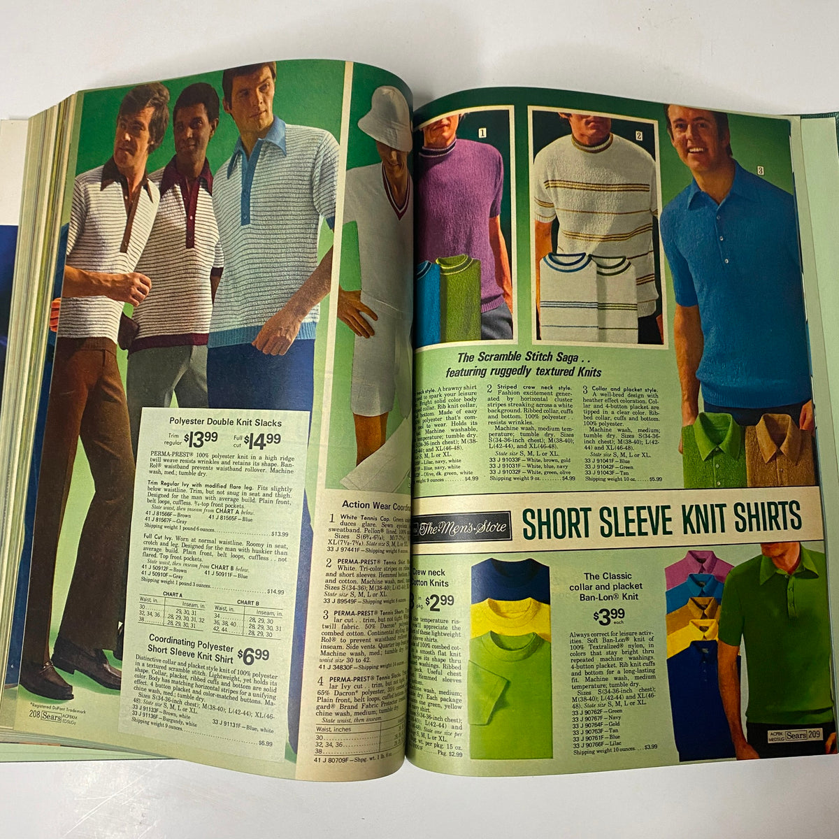 1971 Sears Summer Hardcover Catalog displaying a range of men's short sleeve knit shirts and polyester double knit slacks, emphasizing vintage summer fashion.