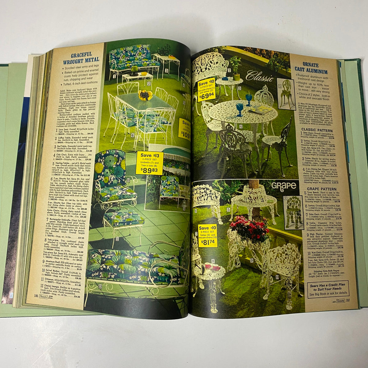Inside the 1971 Sears Summer Hardcover Catalog showcasing elegant wrought iron furniture, including outdoor seating and table options, capturing the essence of vintage summer decor.