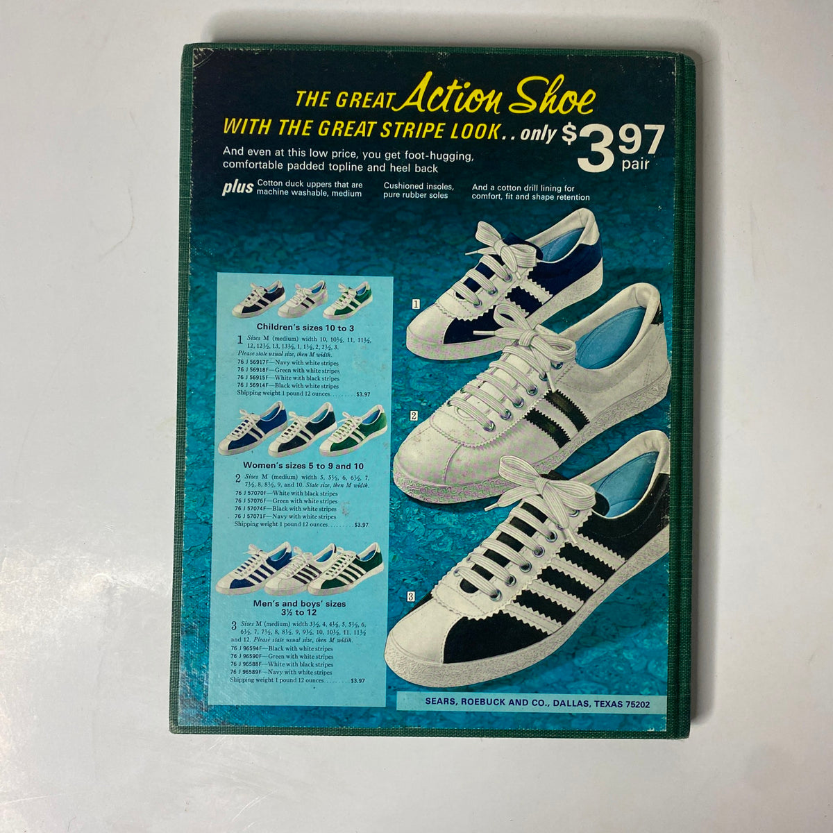 Back cover of the 1971 Sears Summer Hardcover Catalog featuring the Great Action Shoe advertisement, displaying sneaker styles for children, women, and men, with pricing information.