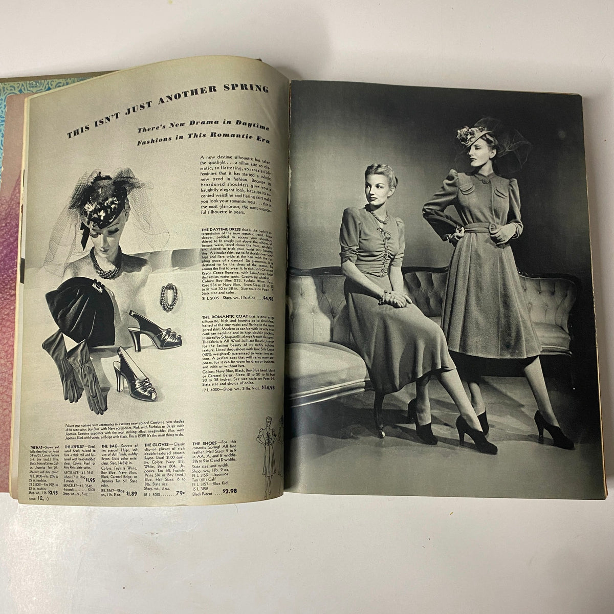 Fashion pages from the 1939 Sears, Roebuck and Company Spring and Summer Hardcover Catalog, showcasing women's clothing styles and accessories in a nostalgic setting.