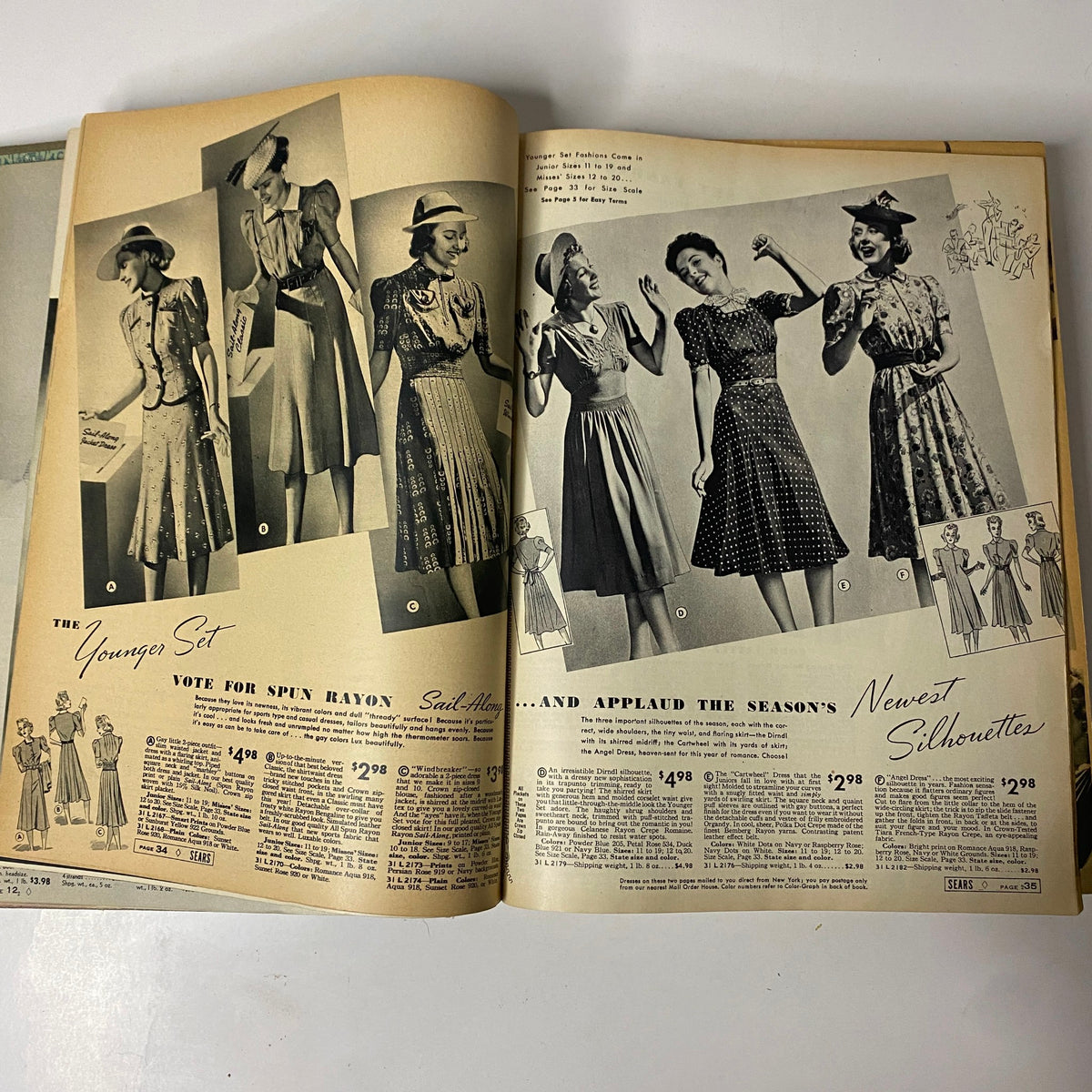 Youthful fashion styles featured in the 1939 Sears, Roebuck and Company Spring and Summer Hardcover Catalog, including dresses and accessories tailored for younger women.