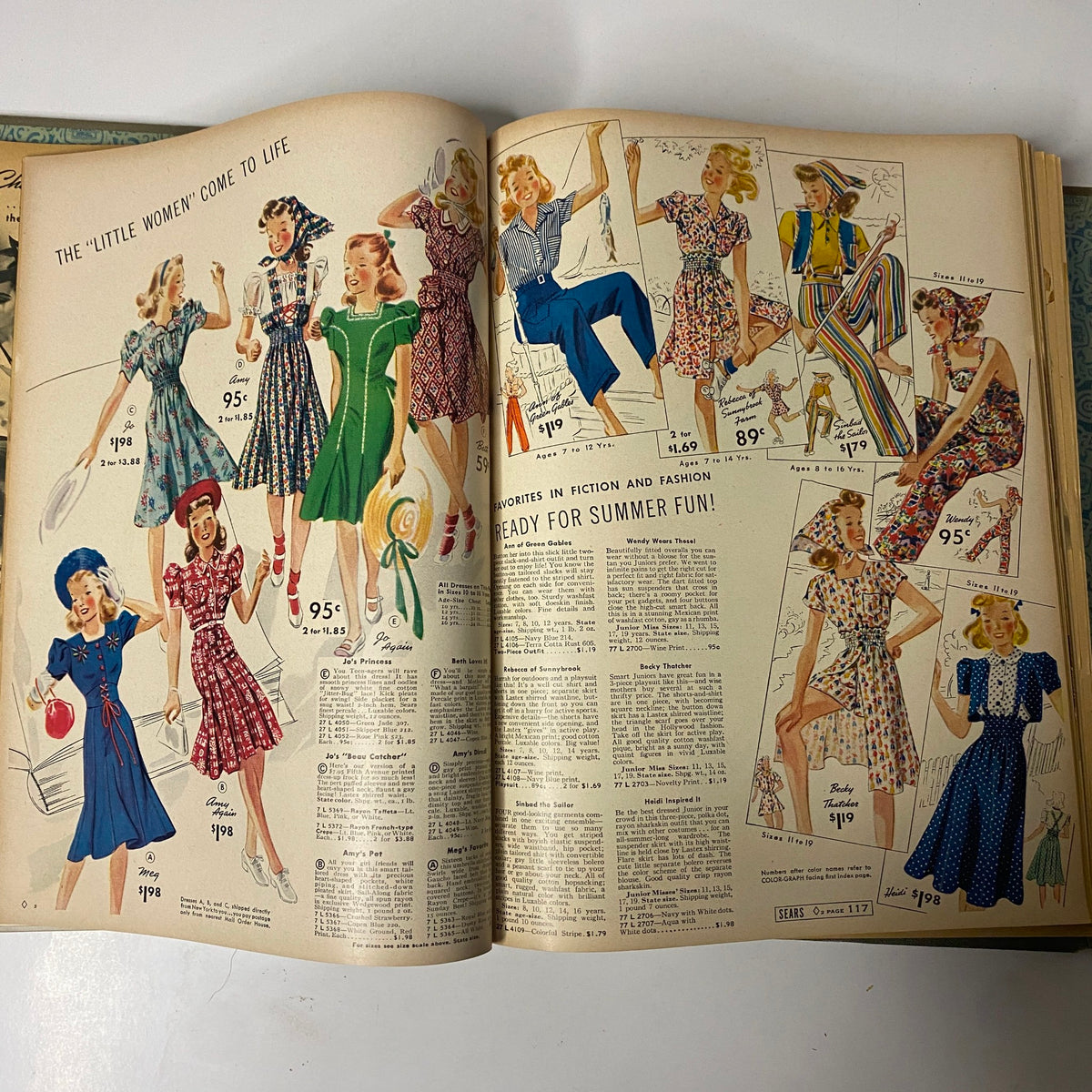 Colorful summer dresses for girls showcased in the 1939 Sears, Roebuck and Company Spring and Summer Hardcover Catalog, illustrating fashion trends for children.