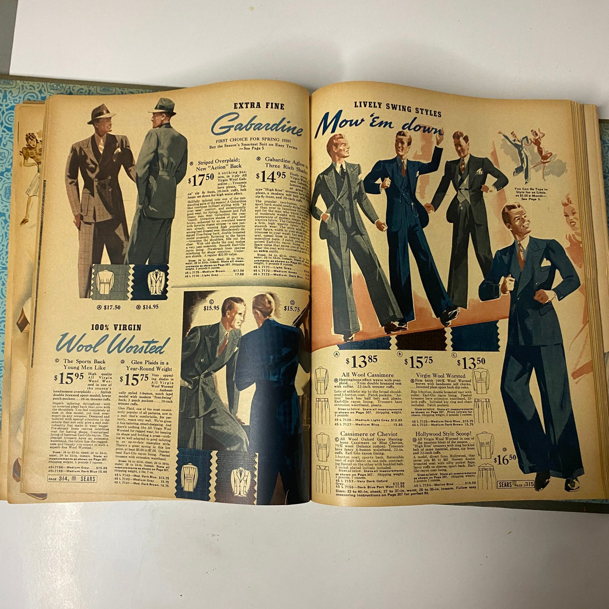 Opening spread of the 1939 Sears, Roebuck and Company Spring and Summer Hardcover Catalog showcasing fashionable men's suits and elaborate pricing information.