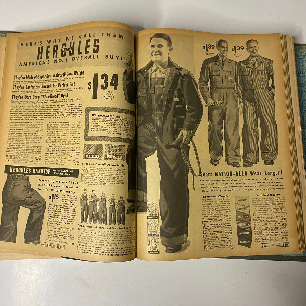Vintage page from the 1939 Sears, Roebuck and Company Spring and Summer Hardcover Catalog highlighting Hercules overalls with product features and prices.
