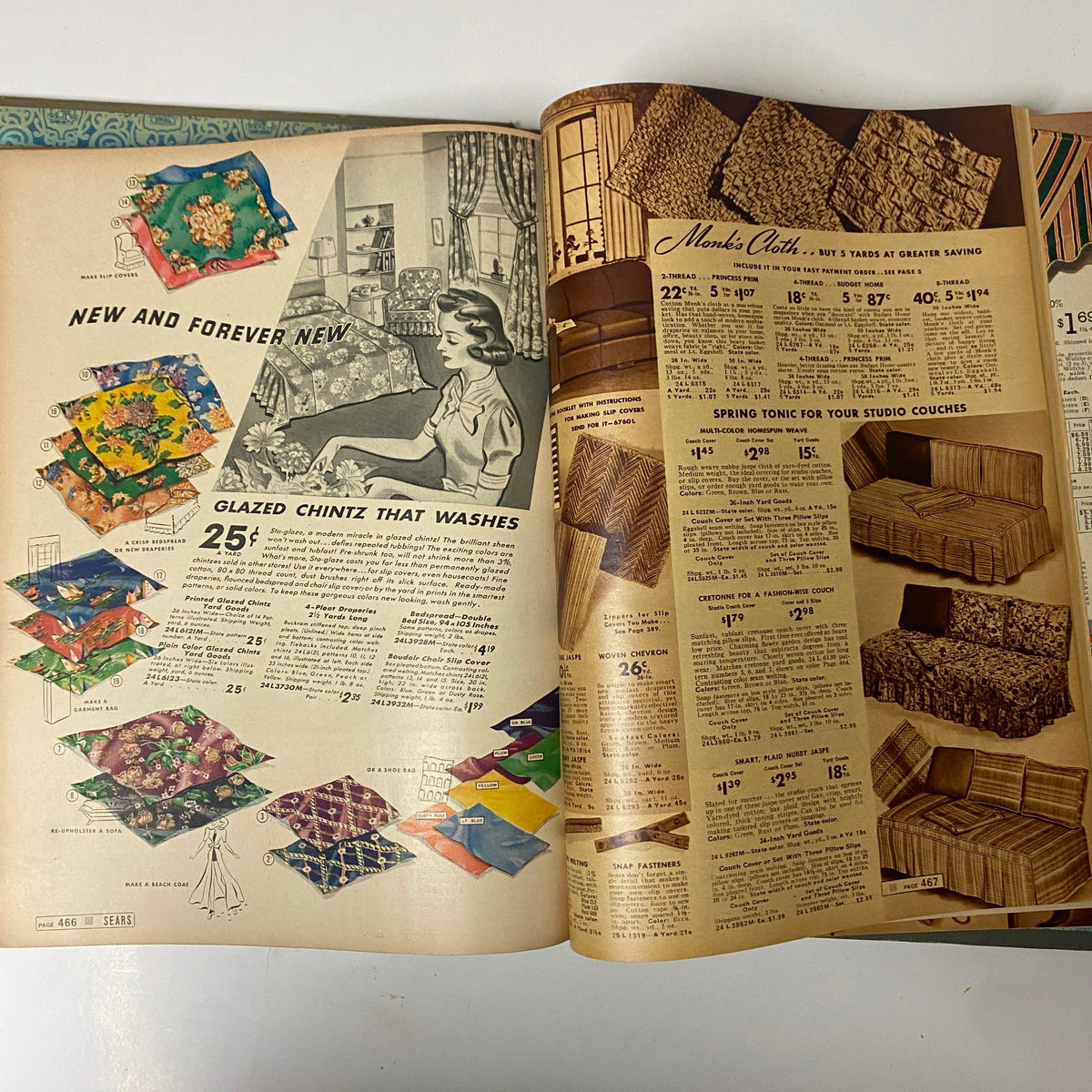 Textile and home decor section from the 1939 Sears, Roebuck and Company Spring and Summer Hardcover Catalog displaying colorful fabric options.