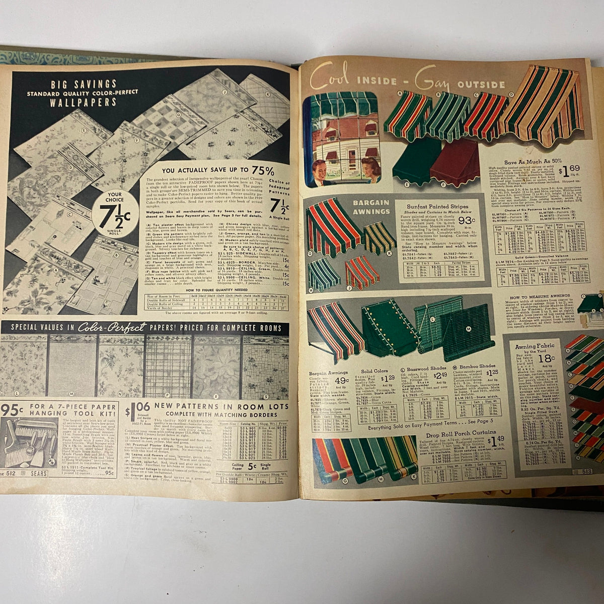 Page showcasing wallpapers and awnings from the 1939 Sears, Roebuck and Company Spring and Summer Hardcover Catalog, highlighting big savings on decorative items.