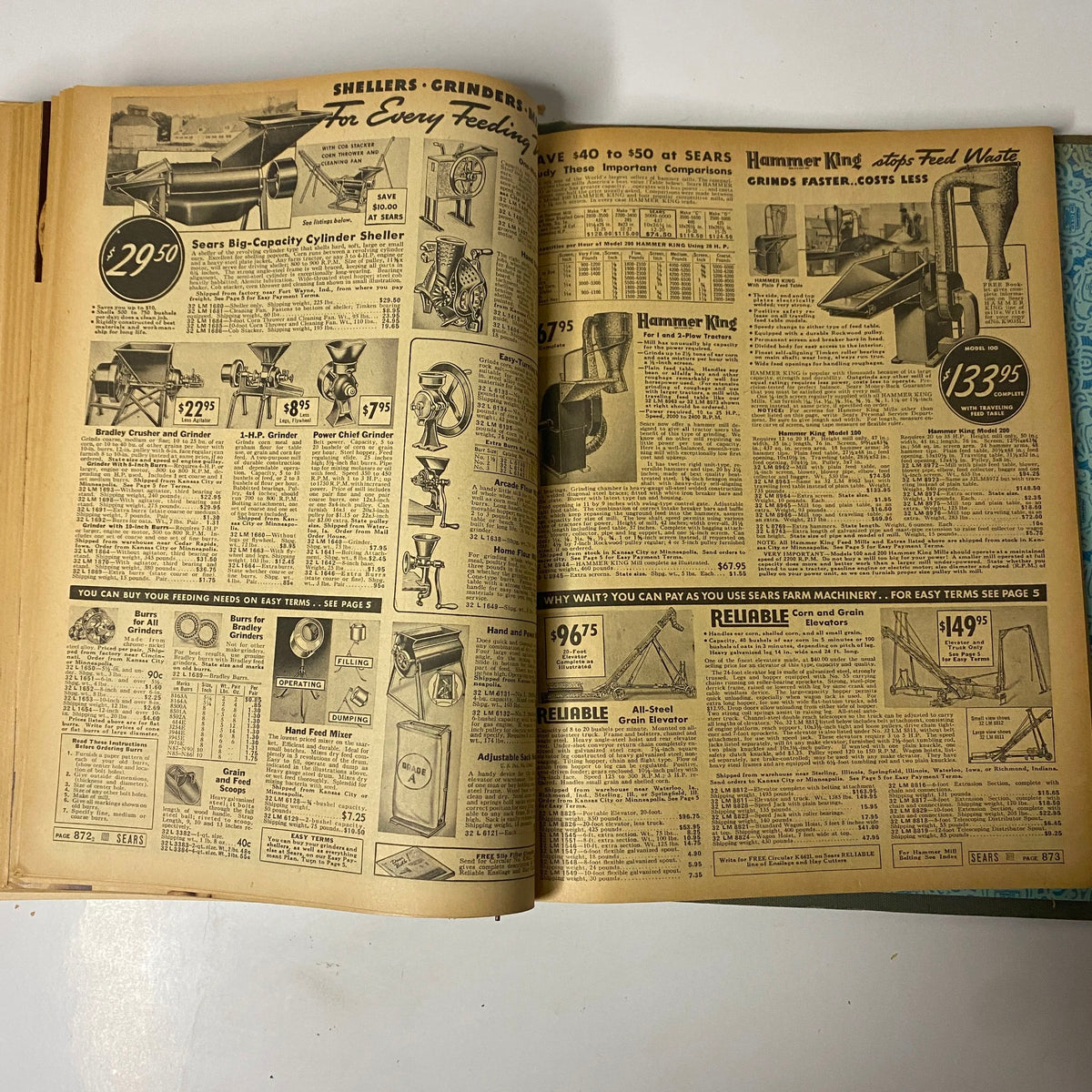 Illustration of various farming equipment including grinders and shellers from the 1939 Sears, Roebuck and Company Spring and Summer Hardcover Catalog, emphasizing agricultural products.