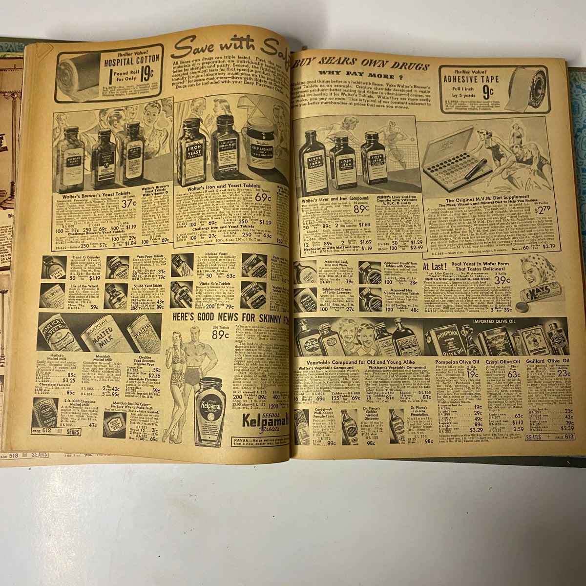 Pharmacy page listing health products and medications from the 1939 Sears, Roebuck and Company Spring and Summer Hardcover Catalog, showcasing various drugstore items.