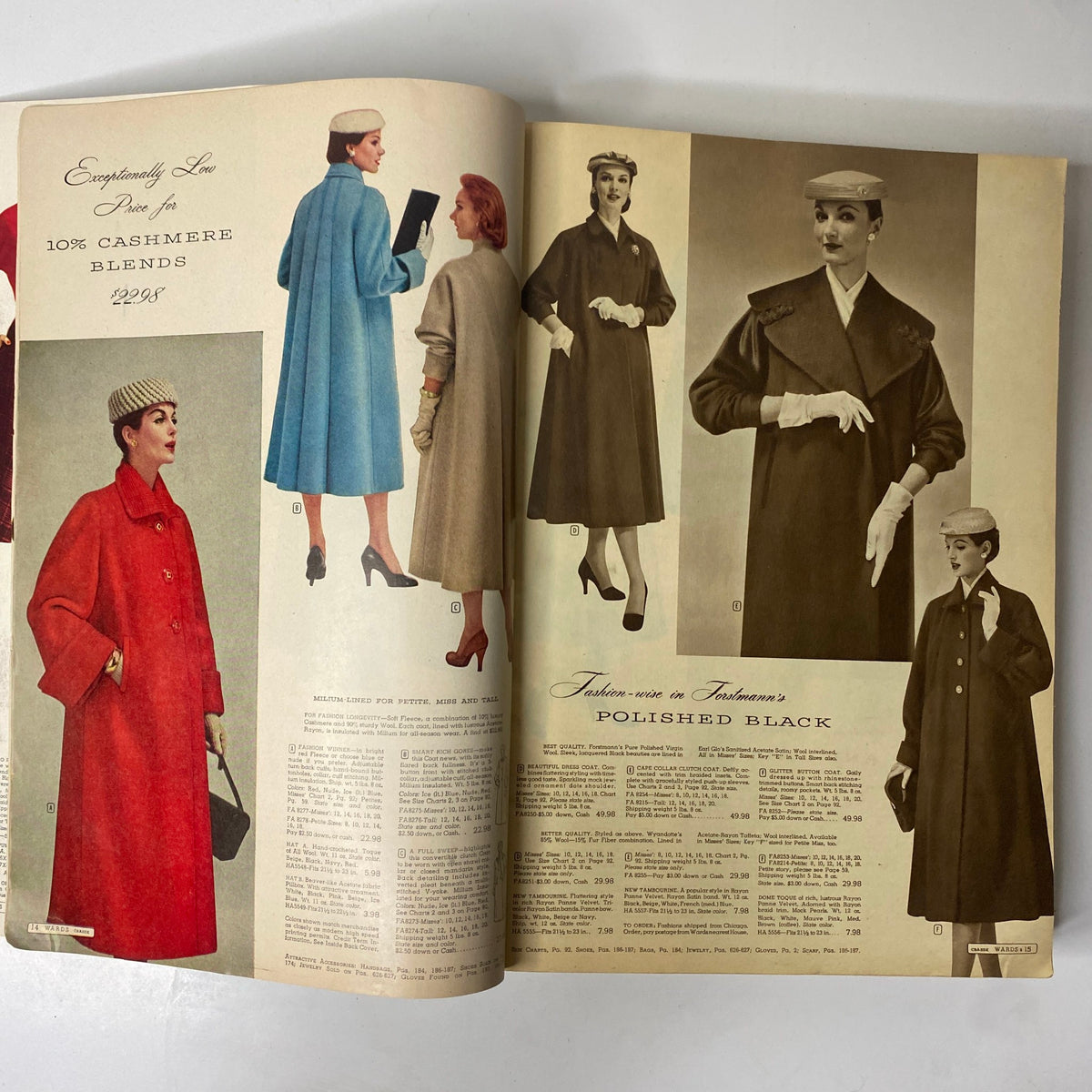 Interior page spread of the 1956 - 1957 Montgomery Ward Fall and Winter Catalog displaying stylish outerwear options for women, emphasizing luxurious material blends and polished vintage designs.